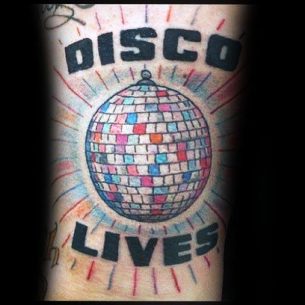 Bold tattoo of a colorful disco ball with 'DISCO LIVES' text, radiating energy and nostalgia for the vibrant disco era.