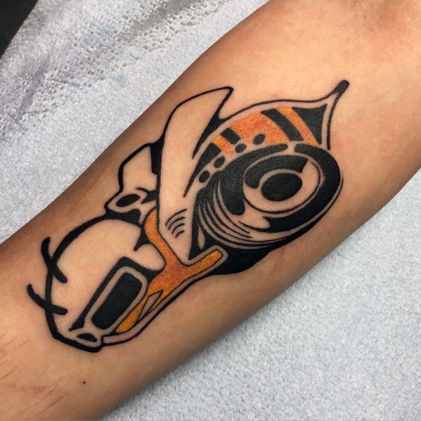 Bold and stylized Dodge Super Bee tattoo with black and orange detailing, combining muscle car elements with a modern artistic twist.