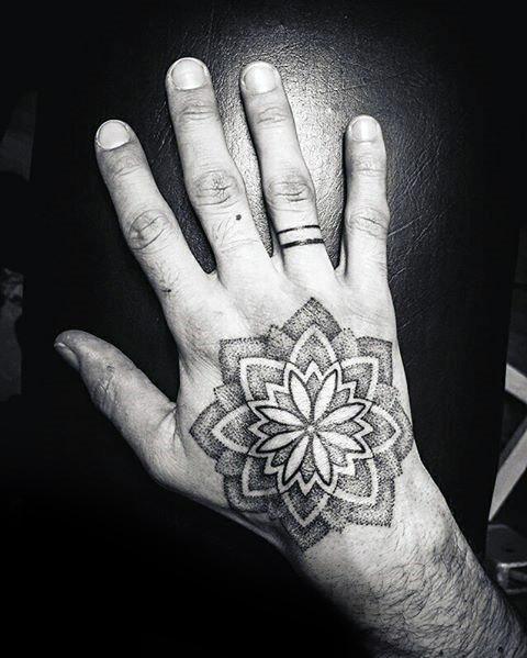 Mens Cool Dotwork Flower Geometric Hand Tattoo Ideas