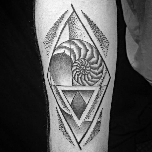 Mens Cool Dotwork Inner Forearm Ammonite Tattoo Ideas