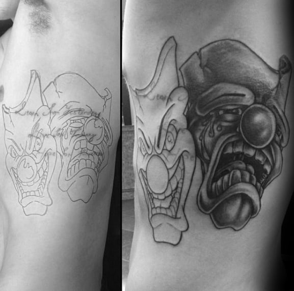 Mens Cool Drama Mask Tattoo Design Inspiration Upper Ribs