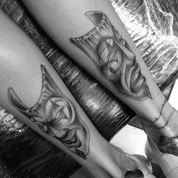 Mens Cool Drama Mask Tattoo Ideas Back Of Legs
