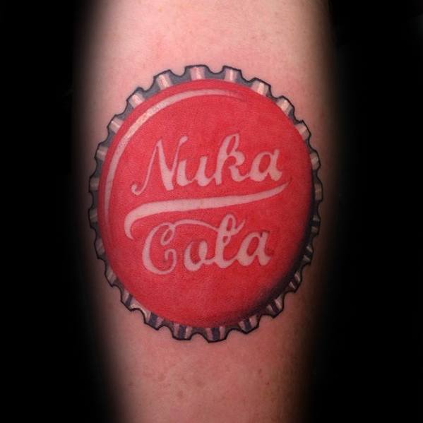 Mens Cool Fallout Nuka Cola Bottle Cap Leg Tattoo Design Inspiration