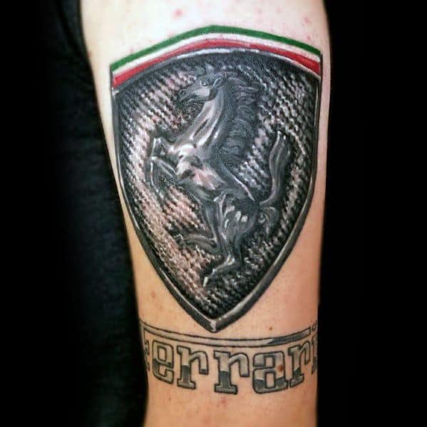 Realistic Ferrari emblem tattoo with prancing horse and Italian colors, paired with bold "Ferrari" text, symbolizing luxury and pride.