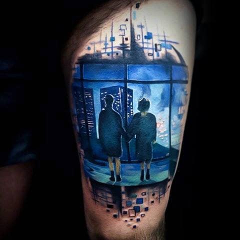 Mens Cool Fight Club Watercolor Blue Ink Window Thigh Tattoo