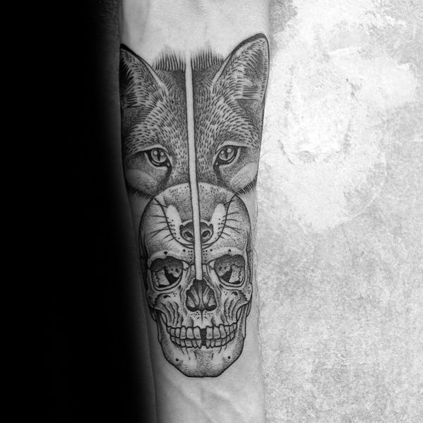 Dotwork tattoo of a fox face merging with a human skull, divided by a central line, blending animal instinct with mortality themes.