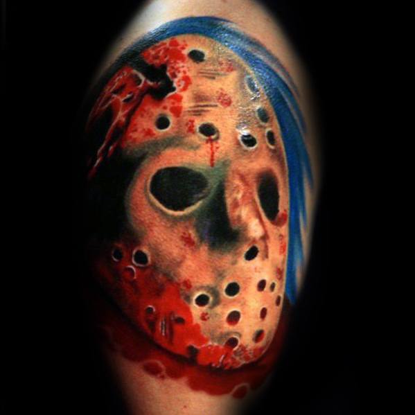 Mens Cool Friday The 13th Jason Mask Upper Arm Tattoo Design Inspiration