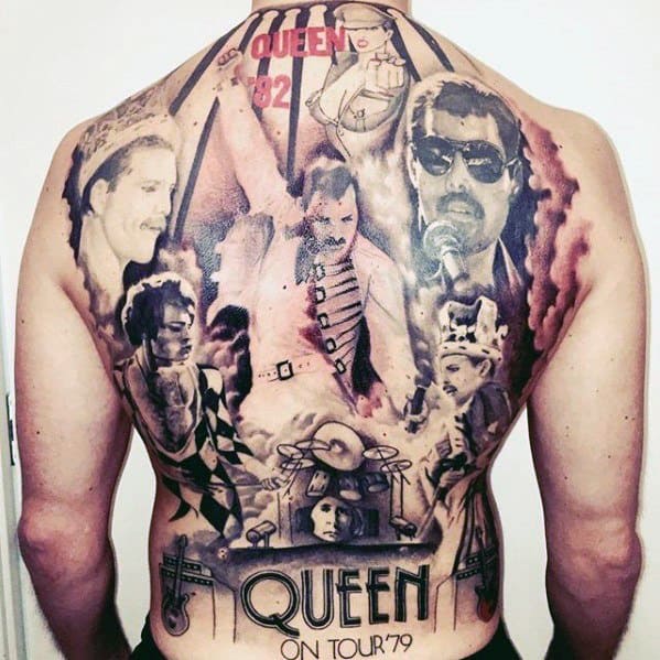Full back tattoo tribute to Queen, featuring multiple portraits of Freddie Mercury and band members, with concert scenes and "Queen On Tour '79" text.
