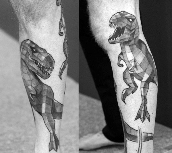 Geometric T-Rex tattoo on the calf with bold 3D block shading, capturing a fierce stance and open jaws for a dynamic, modern dino design.