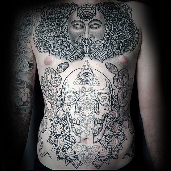 Mens Cool Geometric Skull Chest Tattoo Ideas