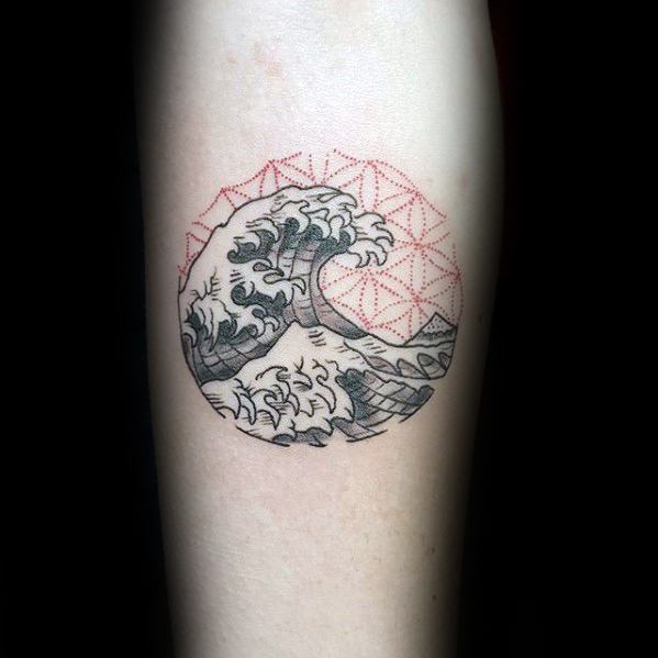 Mens Cool Geometric The Great Wave With Flower Of Life Red Ink Forearm Tattoo Ideas