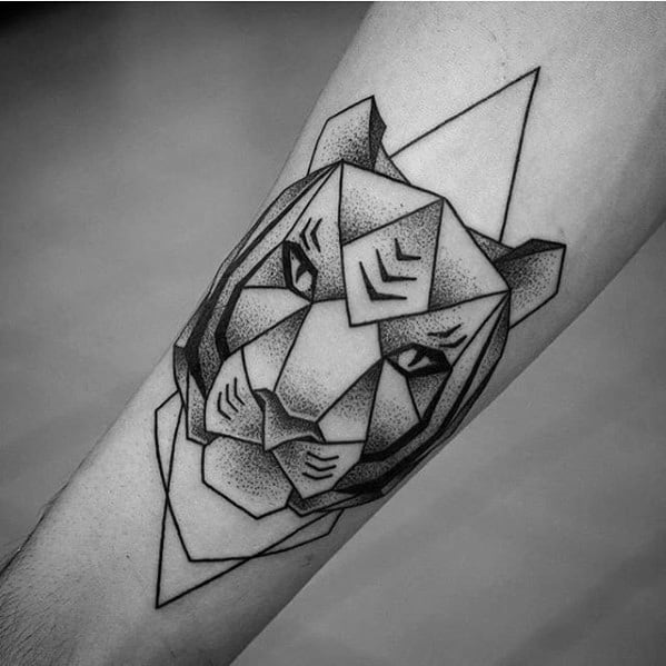 Geometric tiger tattoo on forearm with bold angular shapes and smooth dotwork shading, giving it a modern and fierce expression.