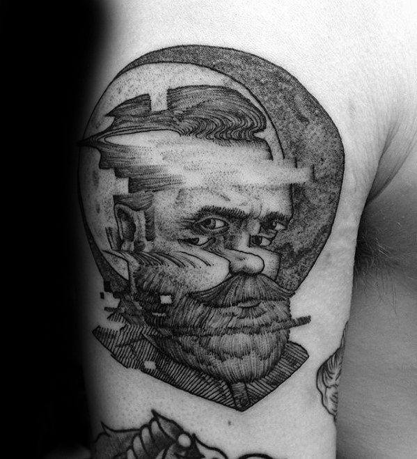 Glitch tattoo of a bearded man with pixelated distortions and fragmented lines, framed within a circular background for a surreal digital effect