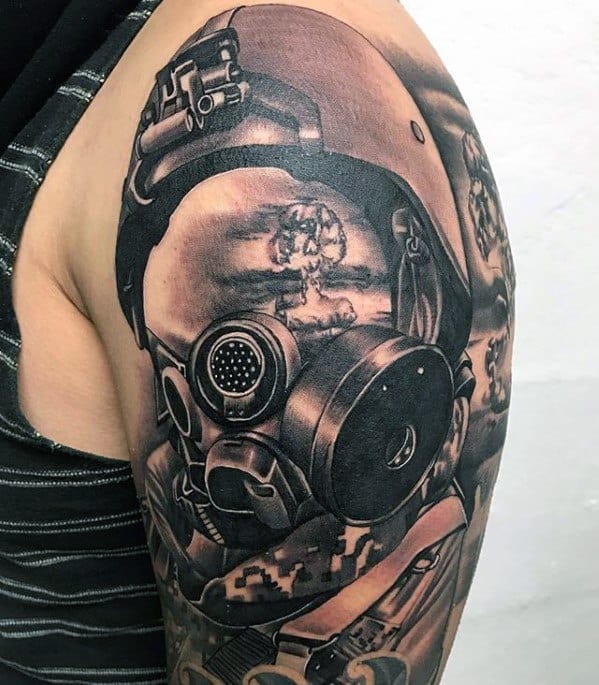 Mens Cool Half Sleeve Pilot Helmet Mushroom Cloud Tattoo Ideas