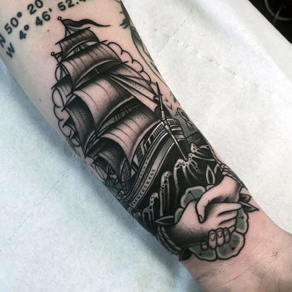 Mens Cool Handshake Sailing Ship Forearm Tattoo Ideas