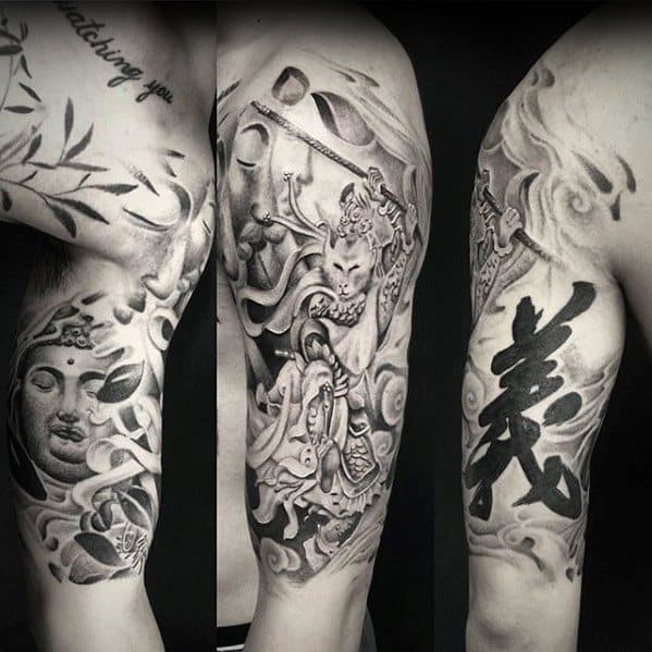 Mens Cool Hanuman Tattoo Design Inspiration Shaded Hinduism Themed Half Sleeve