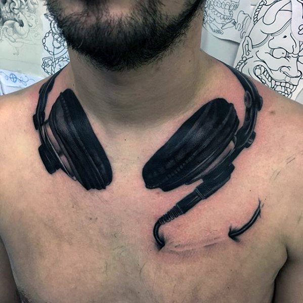 Mens Cool Headphones Tattoo Ideas Around The Neck And Chest