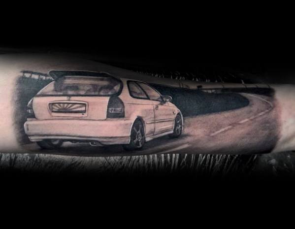 Realistic Honda Civic tattoo on a man's arm, featuring a detailed rear view of the car driving on a winding road with smooth shading.