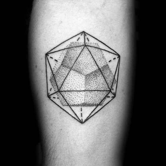Icosahedron tattoo with dotted shading and light geometric gradients, creating a 3D effect on the forearm using fine black lines.