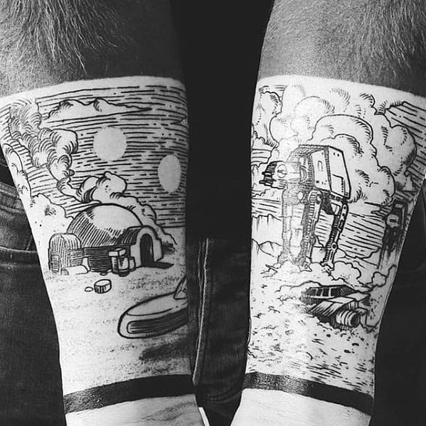 Mens Cool Incredible Tattoo Wood Cut Star Wars Forearm Sleeve Design Inspiration