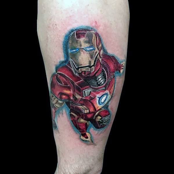 Iron Man tattoo featuring a dynamic, action-packed pose of him in motion, with vibrant colors and detailed shading capturing his armor and glowing arc reactor.