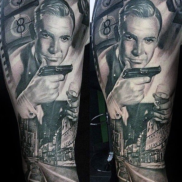 Mens Cool James Bond Themed Leg Sleeve Tattoo Ideas