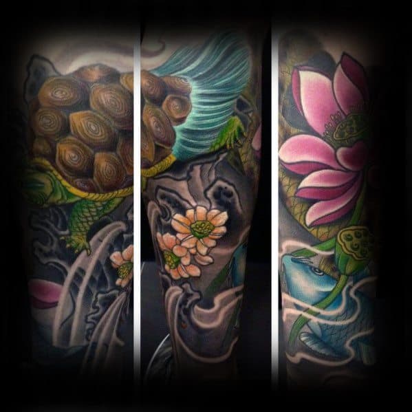 Japanese-style full sleeve tattoo featuring a turtle, flowing waves, lotus flowers, and koi fish, symbolizing strength, perseverance, and harmony.