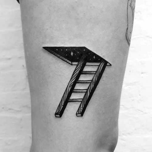 Abstract tattoo of a ladder leading into a starry sky, symbolizing aspiration and infinite possibilities, ideal for men's arms or legs.