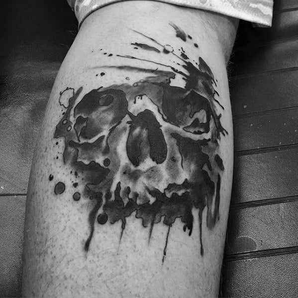 Mens Cool Leg Calf Black And Grey Watercolor Skull Tattoo Ideas