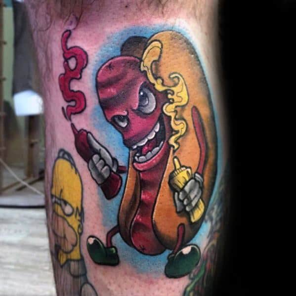 Tattoo of a playful cartoon hot dog character holding ketchup and mustard bottles, with a mischievous expression, on the thigh.