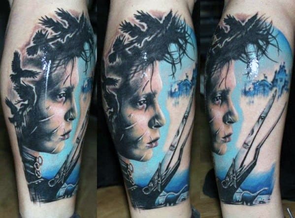 Mens Cool Leg Sleeve Edward Scissorhands Tattoo Ideas