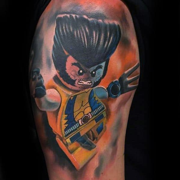 Bold upper arm tattoo of Lego Wolverine in a dynamic pose, featuring his iconic hairstyle, yellow suit, and a fiery orange background.
