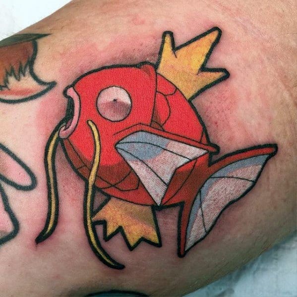 Simple Magikarp tattoo with clean black outlines, soft shading, and a classic pose that captures its quirky charm.