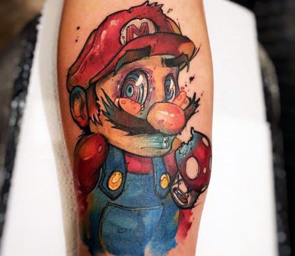 Surreal *Super Mario* tattoo with a trippy, watercolor-style design, featuring Mario with distorted eyes and a glowing mushroom for a psychedelic effect.