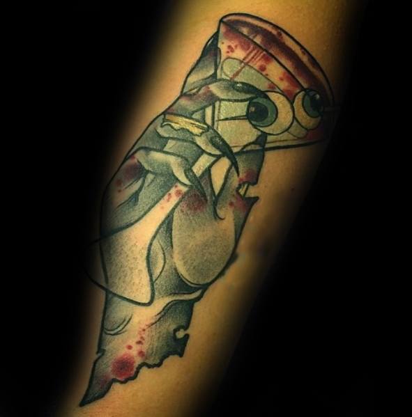 Dark-themed martini glass tattoo featuring a skeletal hand gripping the glass, with blood splatters. A bold and eerie design with gothic elements.