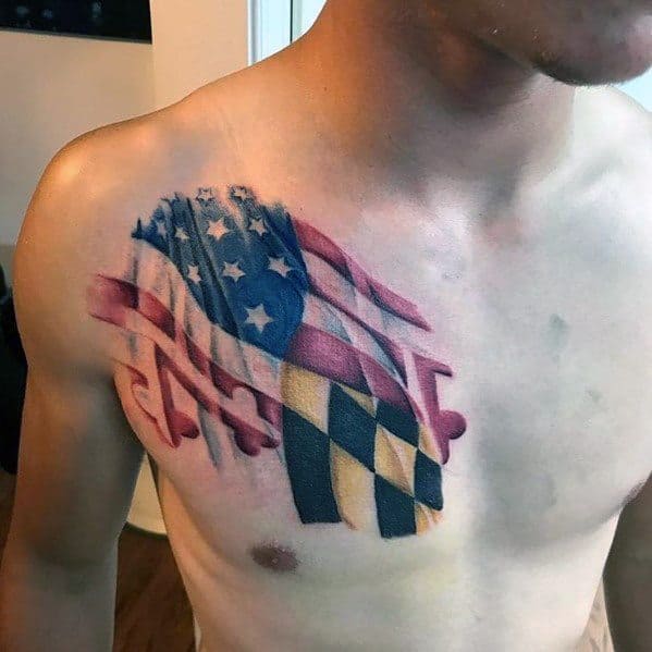 American and Maryland flag tattoo on the chest with a torn skin effect, blending patriotism and state pride in a bold, realistic design.
