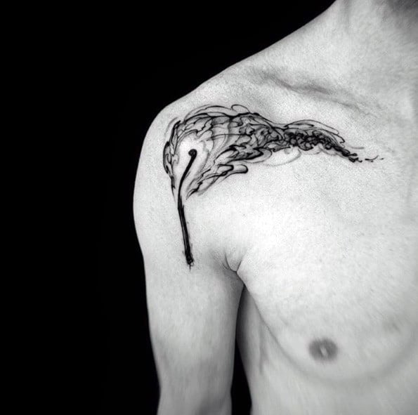 Abstract blackwork tattoo of a burning matchstick on the shoulder with flowing smoke that resembles ink in water, symbolizing transformation, emotion, and the beauty in fleeting moments.