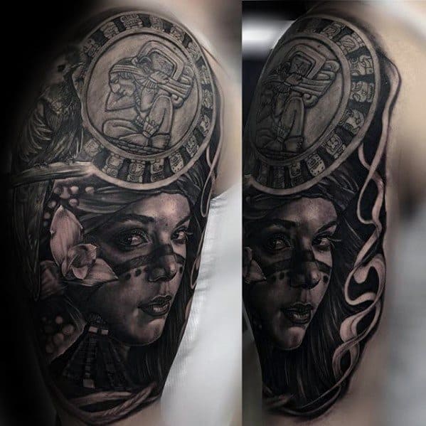 Mens Cool Mayan Calender With Female Portrait Realistic Half Sleeve Tattoo Ideas