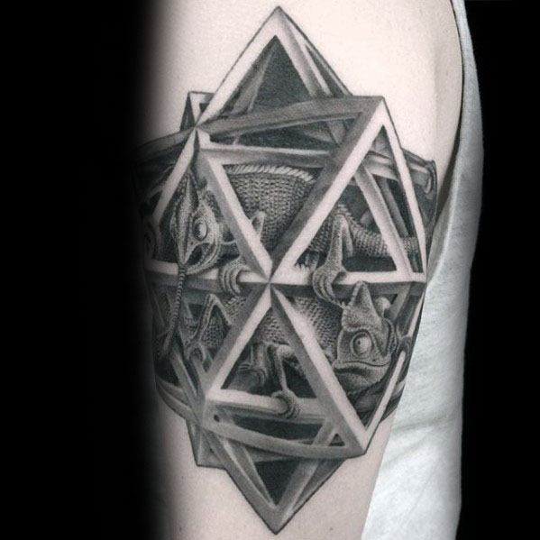 MC Escher-inspired upper arm tattoo of lizards entwined within an impossible geometric star, blending surrealism and precise symmetry.