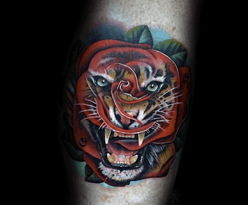 Mens Cool Morph Tiger Rose Flower Forearm Tattoo Ideas