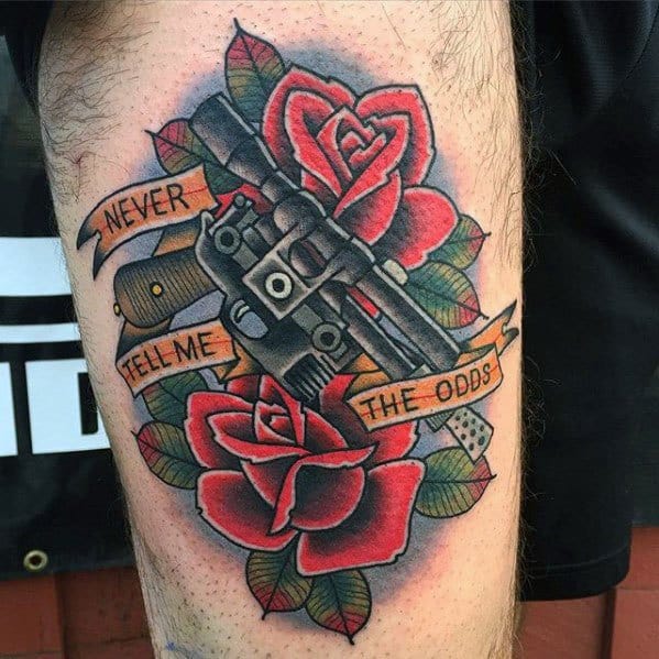 Mens Cool Never Tell Me The Odds Blaster Pistol Han Solo Tattoo Ideas On Thigh