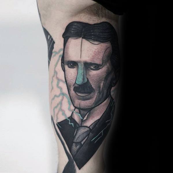 Modern abstract tattoo of Nikola Tesla with bold outlines, muted color blocks, and electric bolts crackling along the background.