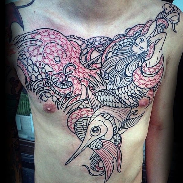 Mens Cool Octopus With Marlin Fish Chest Tattoo Ideas