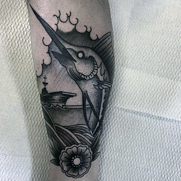Mens Cool Old School Traditional Forearm Marlin Tattoo Design Inspiration