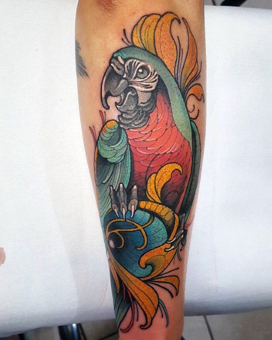 Mens Cool Parrot Tattoo Ideas Outer Forearm