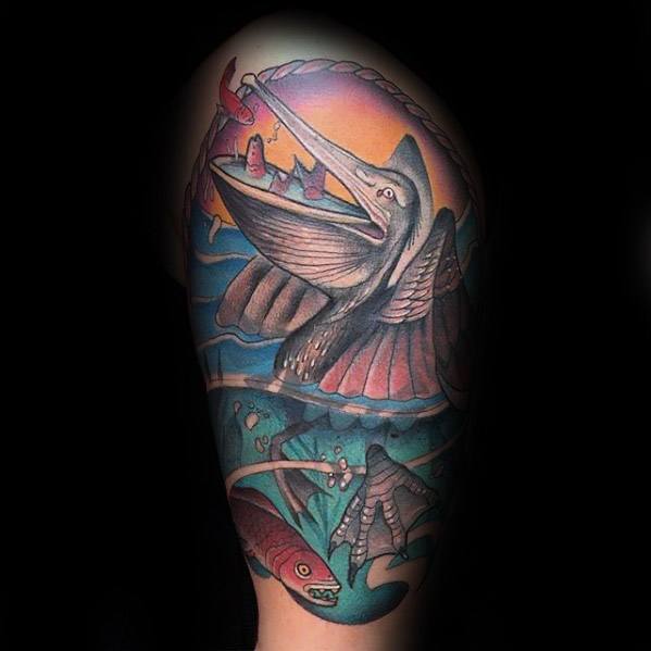 Mens Cool Pelican Tattoo Ideas Half Sleeve