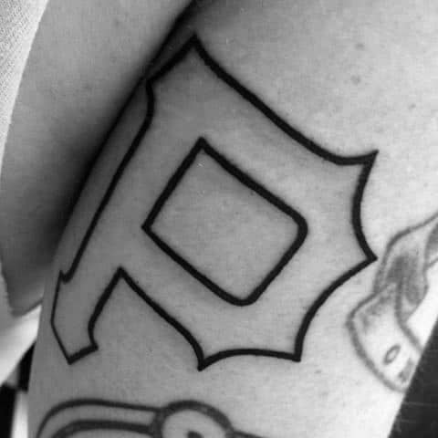 Simple black outline tattoo of the Pittsburgh Pirates "P" logo, placed on the upper arm for a clean and bold statement.