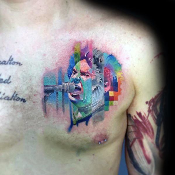 Mens Cool Pixel Singer Portrait Watercolor Upper Chest Tattoo Design Inspiration
