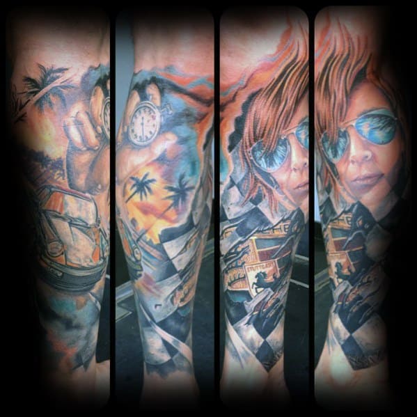 Colorful Porsche-themed sleeve tattoo blending cars, portraits, palm trees, and vibrant imagery.