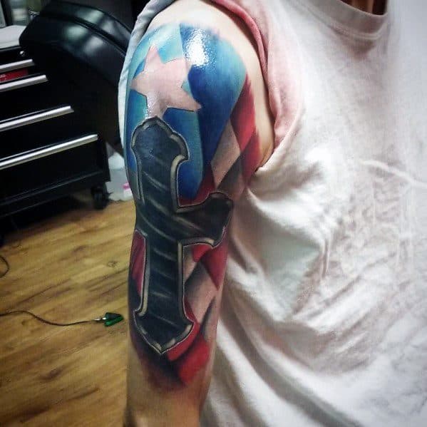 Puerto Rican flag tattoo on the upper arm with a bold cross overlay, blending patriotism and faith in a striking design.